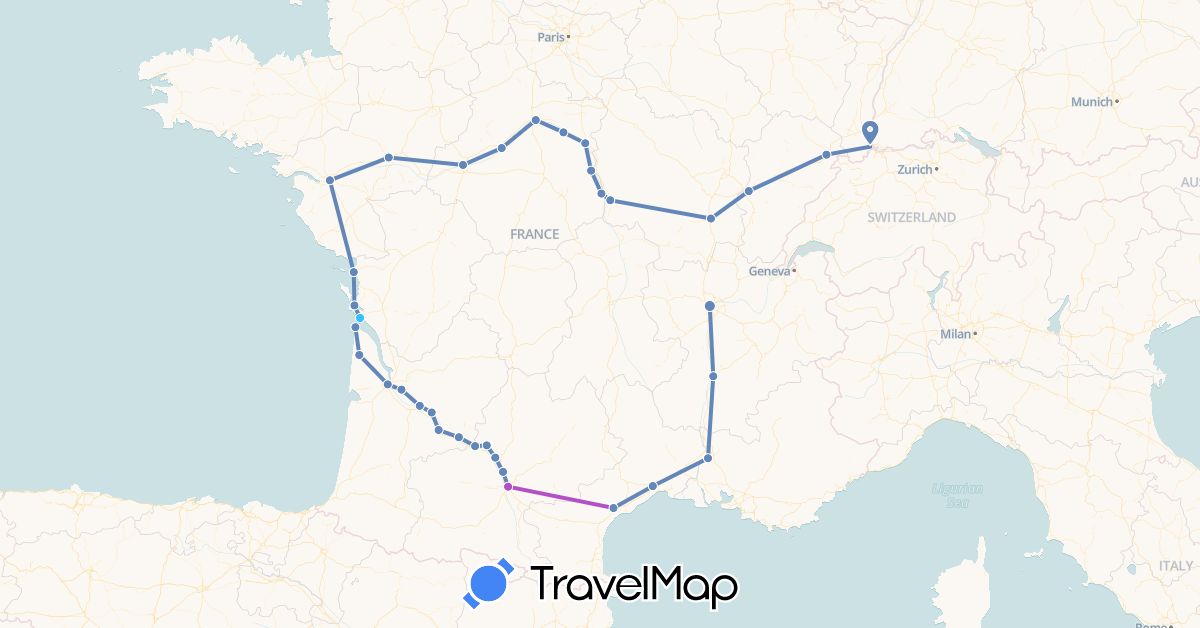 TravelMap itinerary: cycling, train, boat in France (Europe)